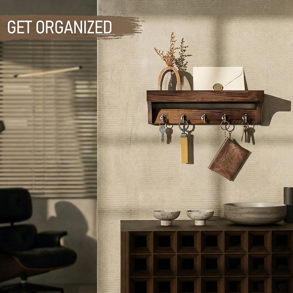 Rebee Vision Key Holder Wall Mount with Shelf for Home Office,Vintage Brown