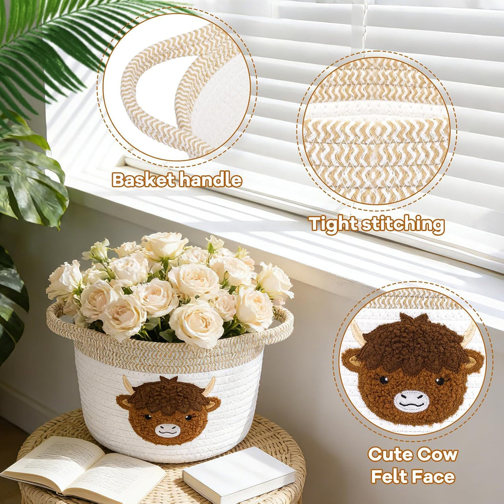 Highland Cow Gift Basket - Small Woven Cotton Rope Organizer Basket for Nursery, Pet Toys & Baby Shower, Foldable Decorative Bin with Handles (7.8x6in)