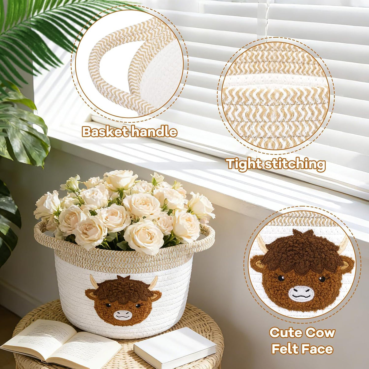 Highland Cow Gift Basket - Small Woven Cotton Rope Organizer Basket for Nursery, Pet Toys & Baby Shower, Foldable Decorative Bin with Handles (7.8x6in)