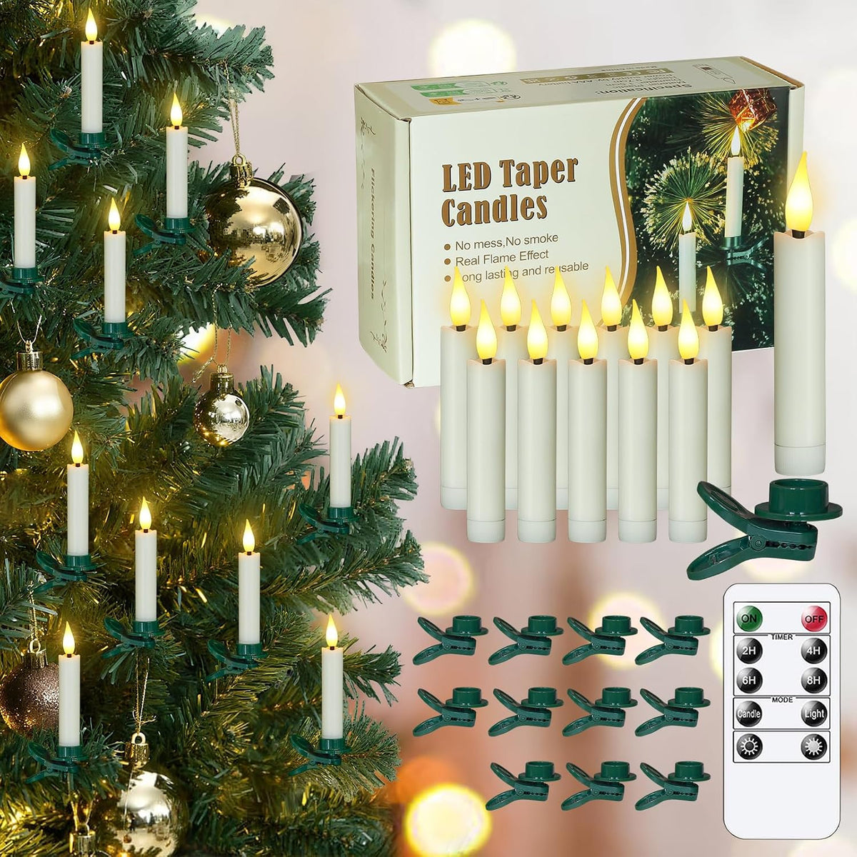 Pack of 12 Flameless Taper Clip on Candles with 12 Clips, Remote and Timer Function LED Flickering Battery Operated Fake Short Ivory 0.6" x3.7" Plastic Warm Light for Festival Tree Decor