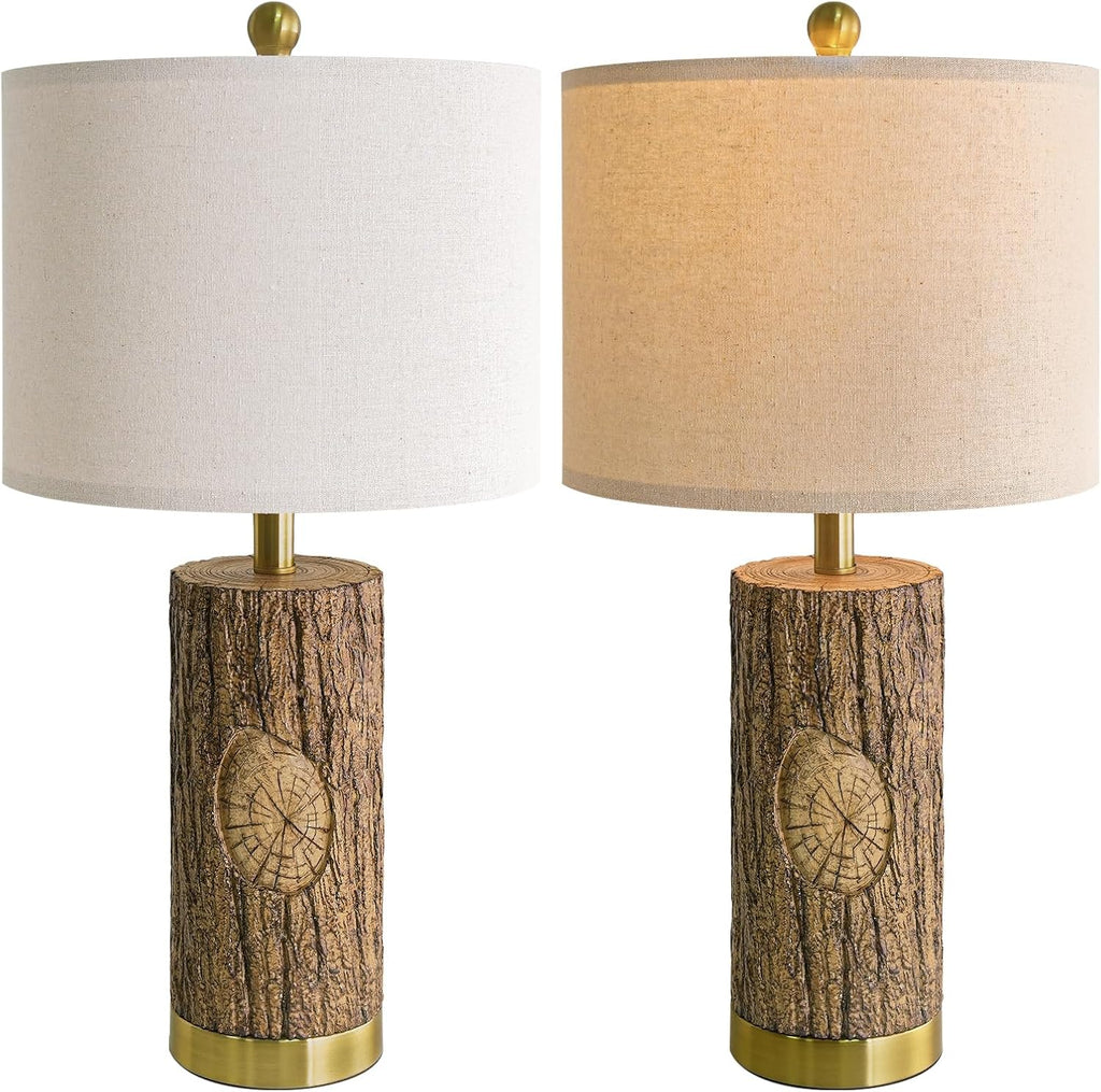OYEARS 25.5'' Rustic Farmhouse Table Lamps, Faux Wood Tree Bark Lamps with Gold Base, Bedside Lamps Set of 2 with A+C Charging Ports, Retro Nightstand Lamps for Living Room Bedroom Hallway Decor Brown
