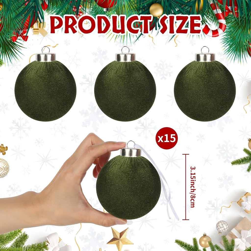 Green Velvet Ornaments for Christmas Tree 15Pcs Flocked Ornaments Balls
