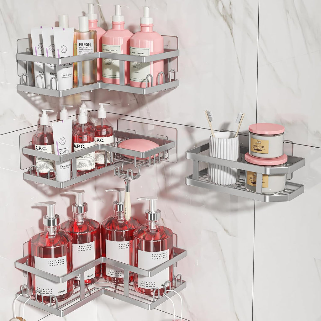 Youvip 4-Pack Adhesive Corner Shower Caddy with Soap Holder, No Drilling Wall Mounted Shower Shelves-Rustproof, Organizer for Bathroom, Kitchen & Home Decor. Silver