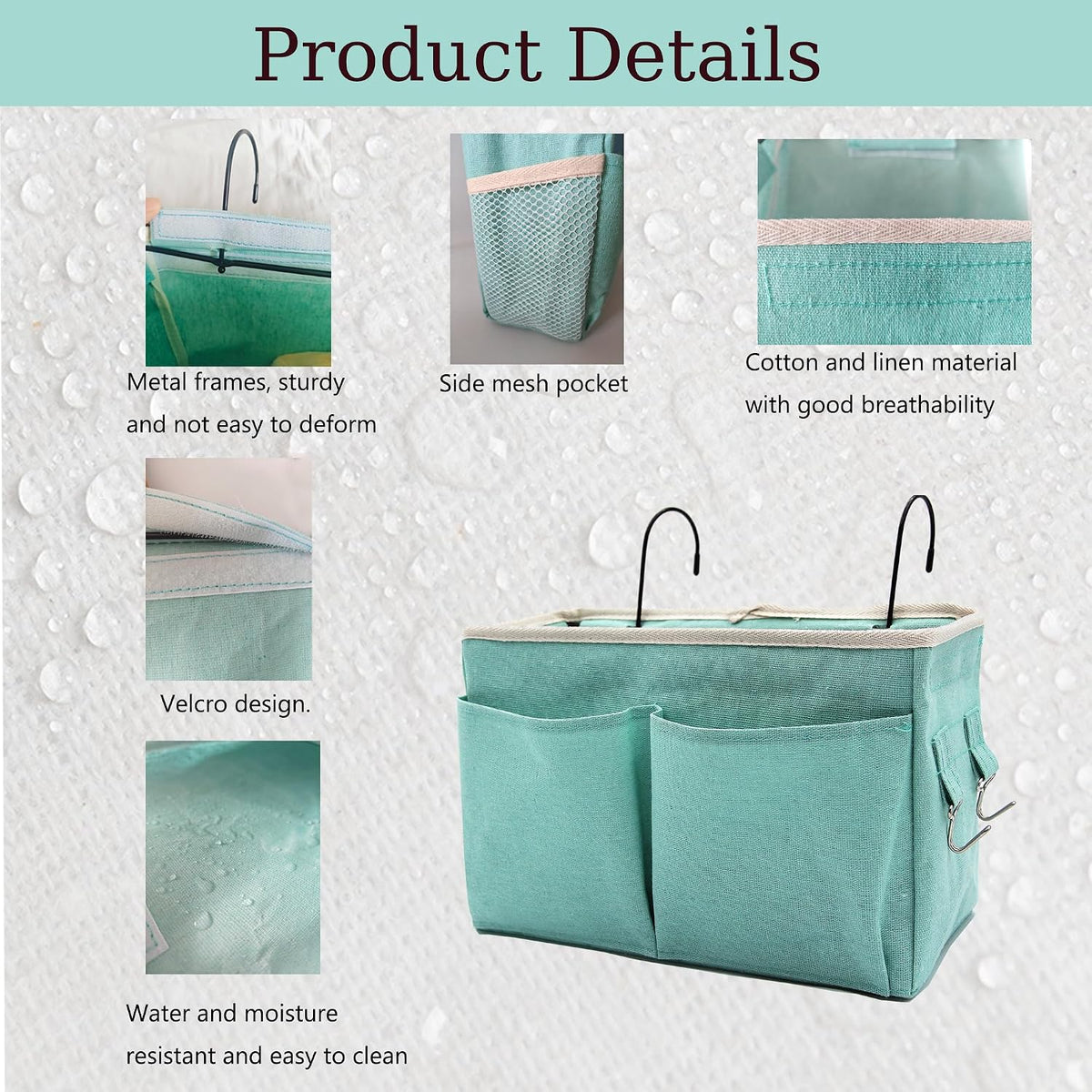 Bedside Caddy, Hanging Storage Bag with Hooks for Bunk & Dorm Bed Rails