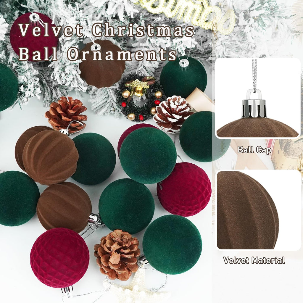 Artmag 16 Pcs Velvet Christmas Balls Hanging Ornaments Set, Shatterproof Plastic Flocked Christmas Tree Balls Xmas Decorations Festival Holiday Party Decor (Red,Green,Brown,2.36 Inch)