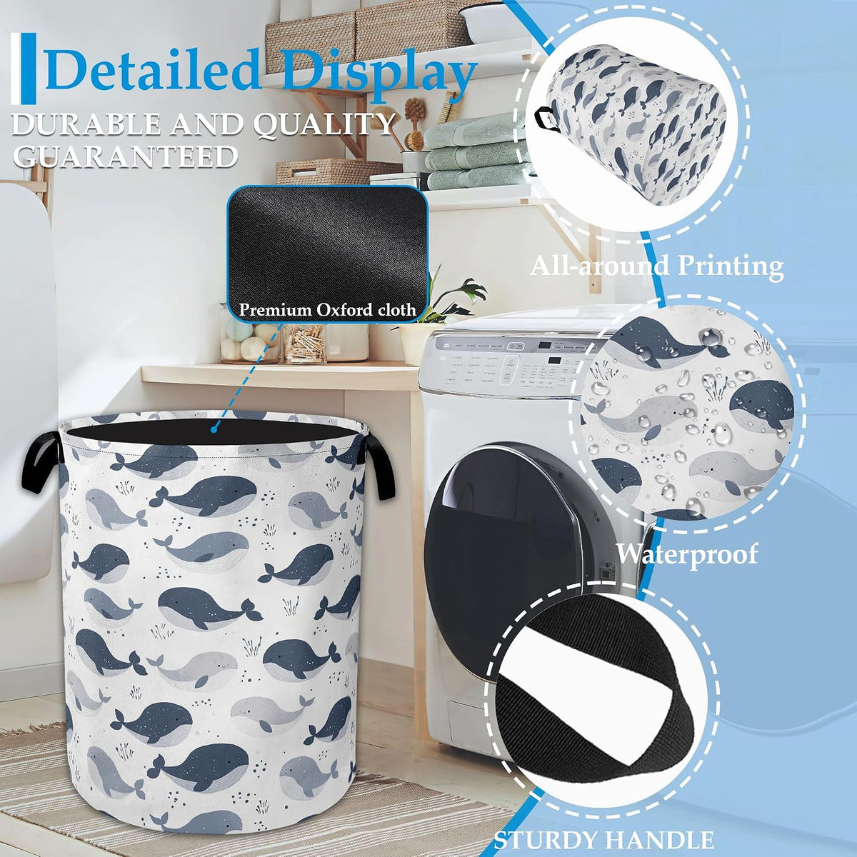 Cartoon Whale Laundry Basket Collapsible Laundry Hamper with Handle, Oxford Clothes Toy Storage Bin for Bathroom Bedroom Room Decor, Gift Basket 16" X 20.8"