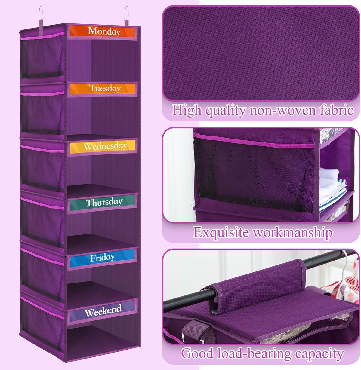 Amylove 2 Pcs 6 Shelf Hanging Weekly Clothes Organizer for Kid,Purple