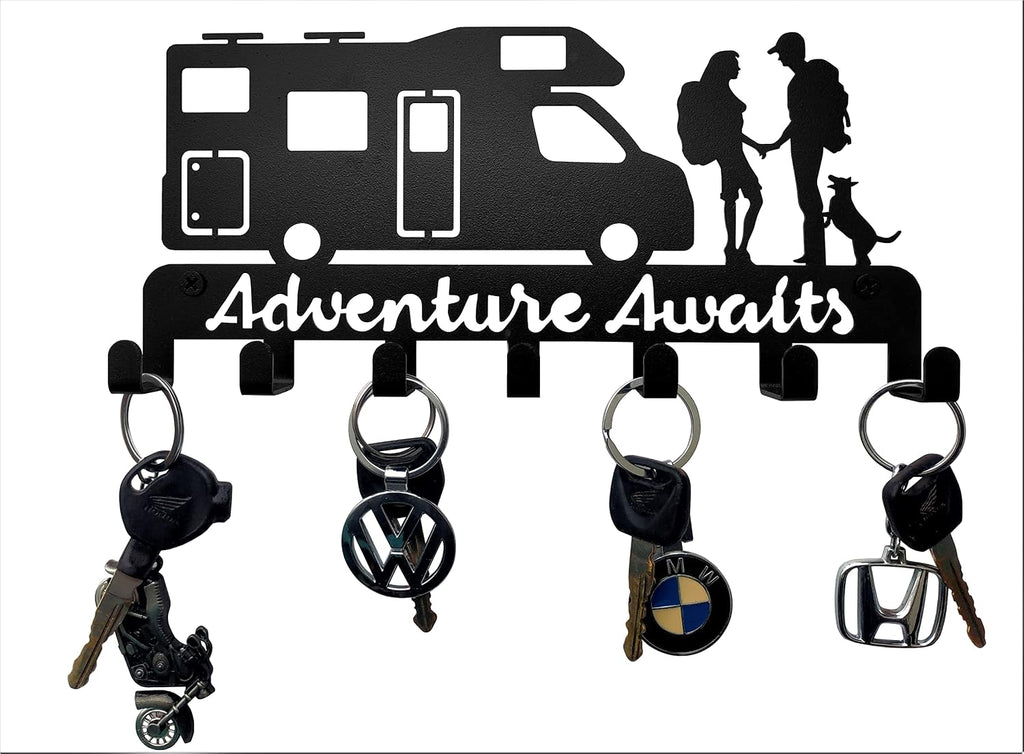 Metal Camper Key Holder, 7 Hooks, Wall Mounted Key Rack, Black, Rustic Style