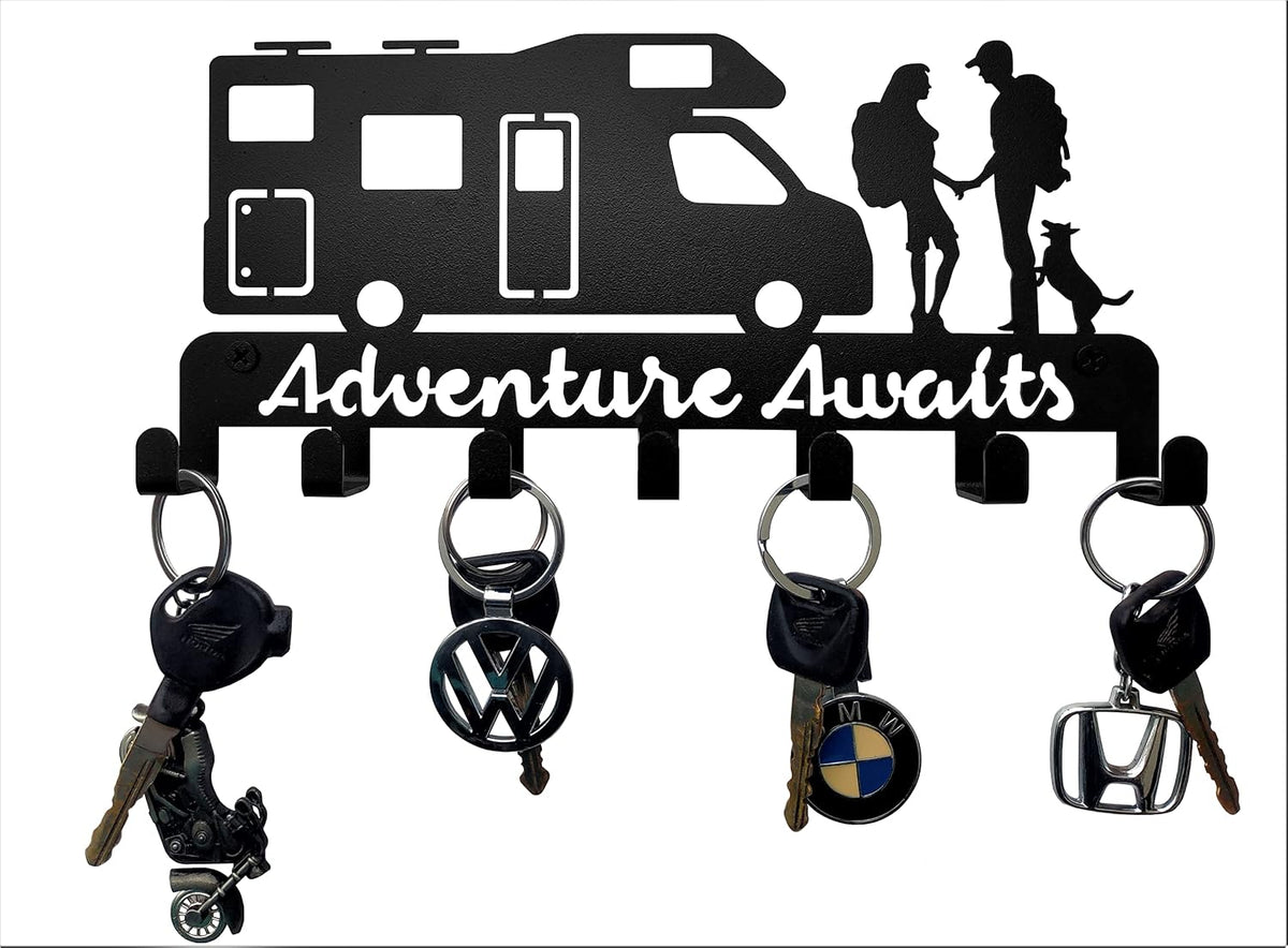 Metal Camper Key Holder, 7 Hooks, Wall Mounted Key Rack, Black, Rustic Style