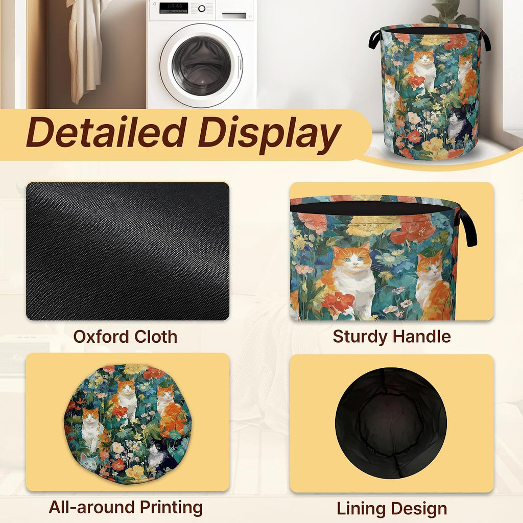 Watercolor Cats Collapsible Laundry Hamper with Handles,Oxford Cloth Laundry Basket,Storage Organizer for Bathroom Bedroom Laundry Room