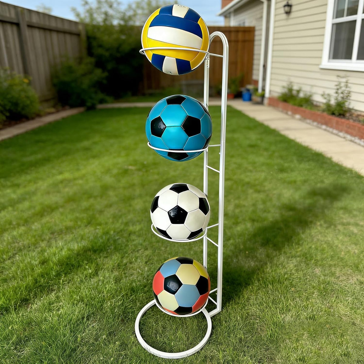Ball Storage Rack, White Metal, 4-Tier Vertical Organizer for Basketball, Soccer, Volleyball, Sports Equipment Holder (4-Tier)