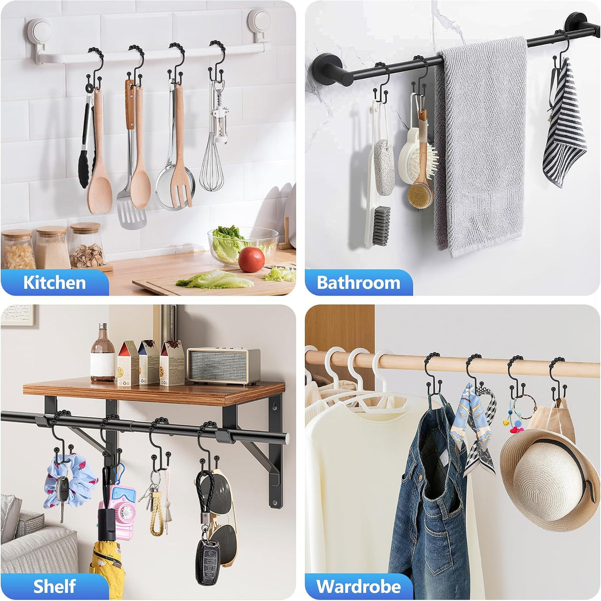 Resze 12 Pcs Shower Curtain Hooks, Metal Double Shower Curtain Rings,Black