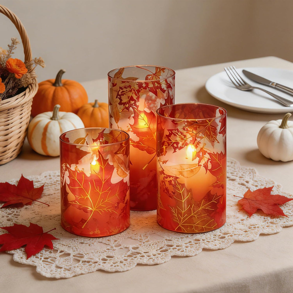 Fall Flameless Candles, 3 Pack Glass Pillar Candles, Maple Leaf