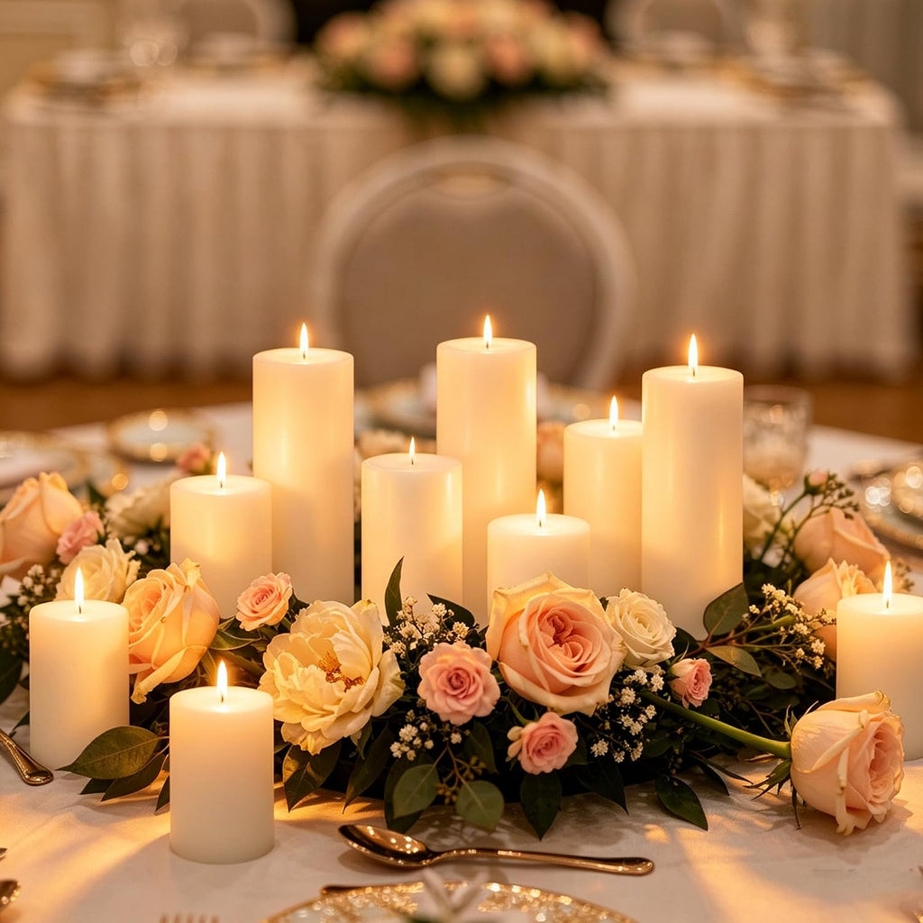 18Pcs Ivory Pillar Candles Bulk, Unscented Dripless Wax Candle Set