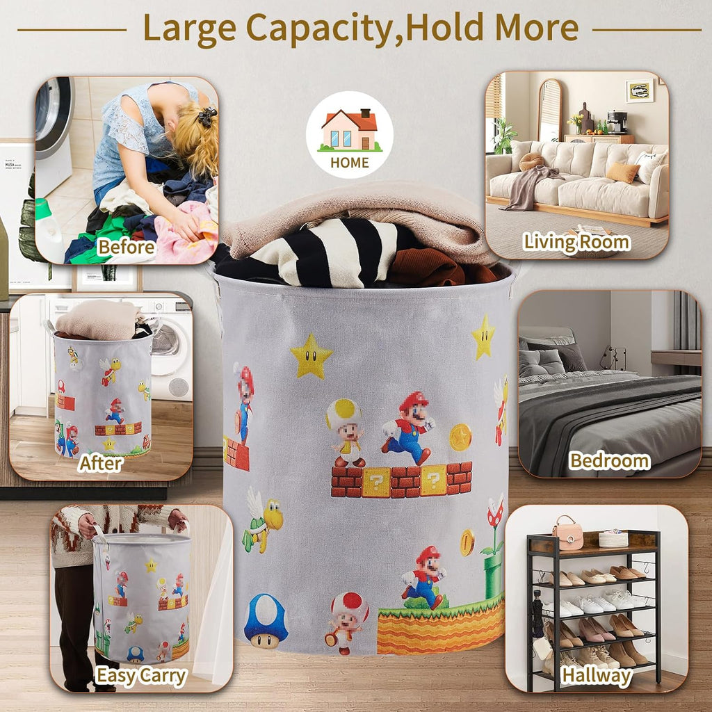 Super Storage Basket,Baby Laundry Large Hamper,Waterproof Nursery Bedroom Decor,Brothers Dirty Clothes Basket for Kids,Boys and Girls Birthday Gift Bag Bathroom Set Toy Bin(Grey,Round)