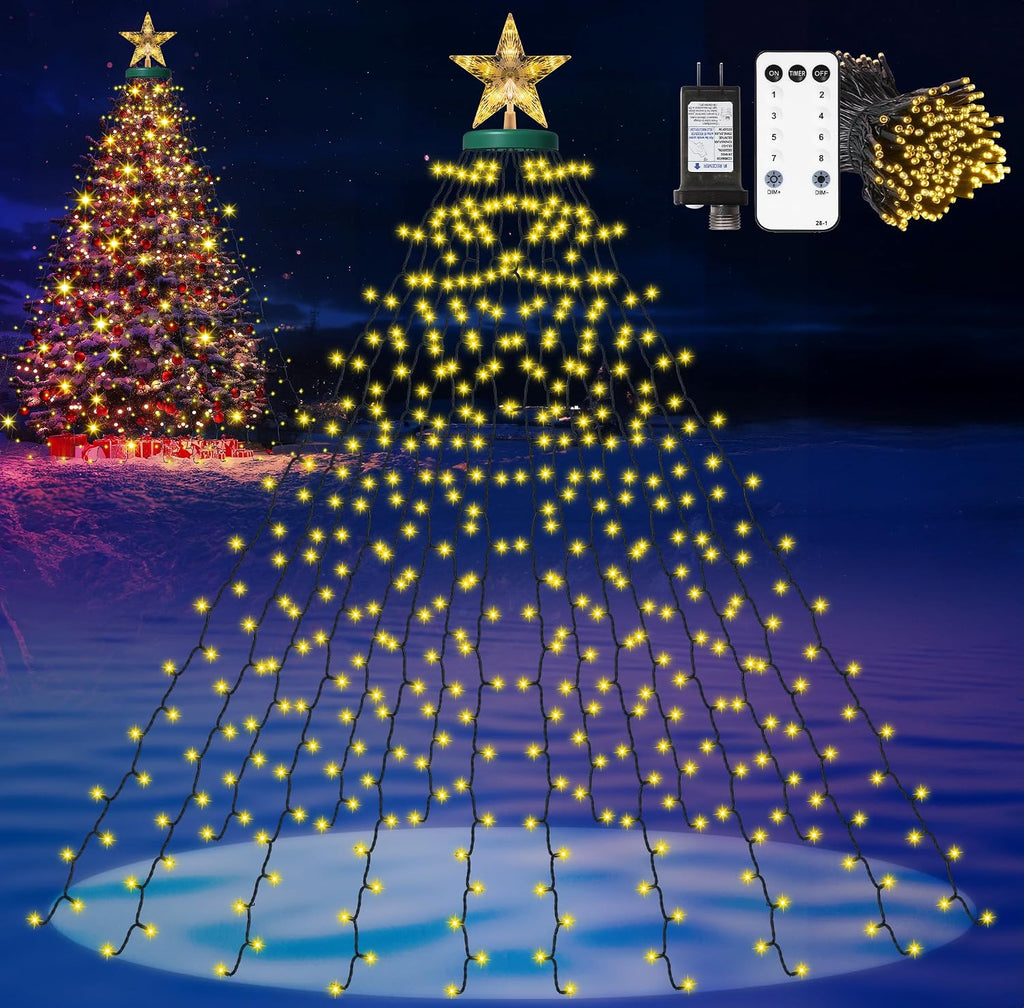 Christmas Lights with Star Topper, 410LED String Lights with Ring for Tree, 6.6FT x 16 Lines Fairy Lights with 8 Modes for Indoor Outdoor Xmas Decor, Warm White