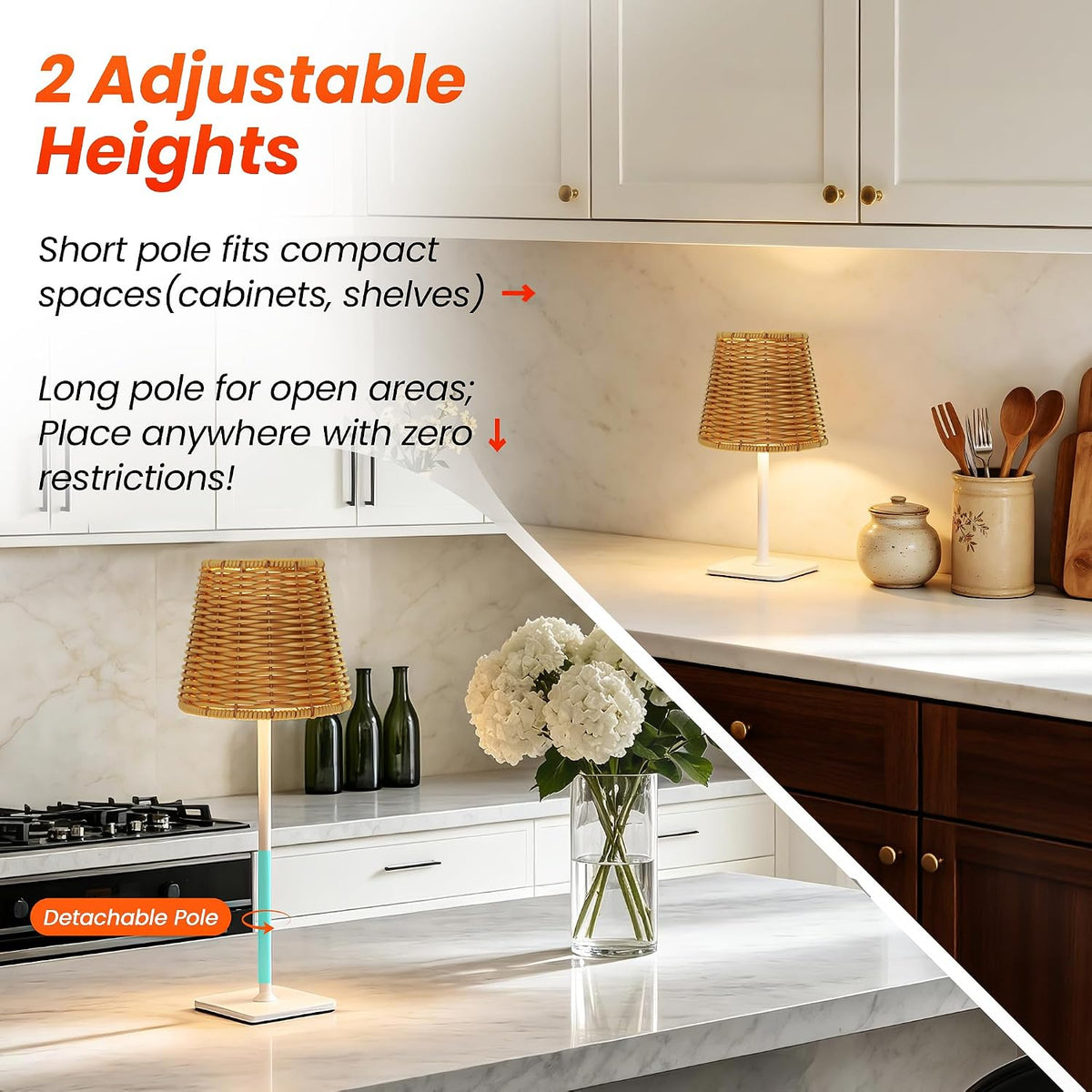 Waterproof Outdoor Rechargeable Cordless Set of 2 Table Lamp with Wicker Shade, Battery Operated Portable Table Light with Adjustable Height Pole, for Patio Restaurant Kitchen (White 2 Pack)