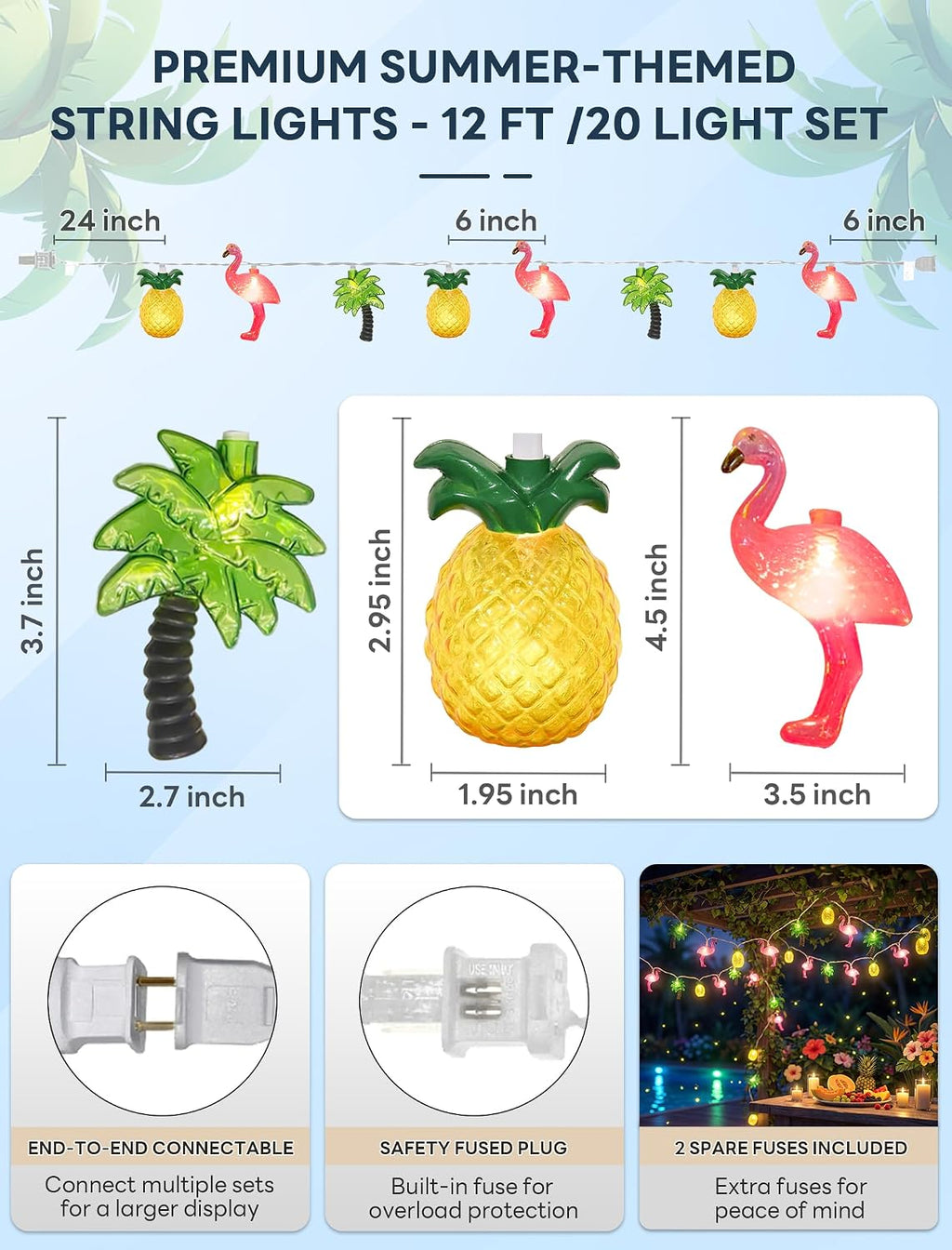 12FT Summer Tropical Hawaiian String Lights, 20 LED Plug in Flamingo Pineapple Palm Tree Lights for Luau Party, Pool, Tiki Bar, Beach Theme Indoor Outdoor Summer Decorations