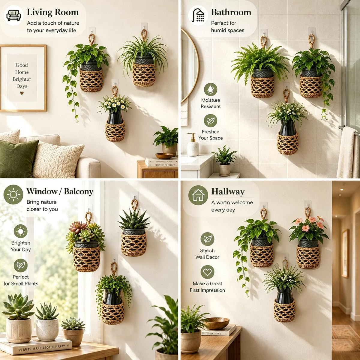 ESOW Hand‑Woven Macrame Wall Hanging Planters with Plant Pots, 3 Pack