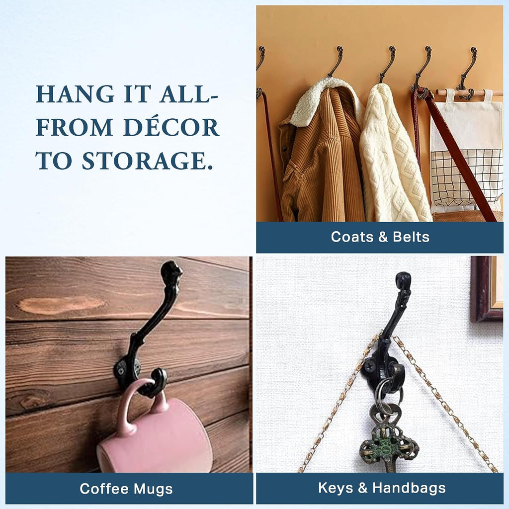 The Metal Magician Wall Mounted Antique Cast Iron Vintage Style Wall Hooks for Coats, Bags, Towels, Hats - (Set of 3) Black