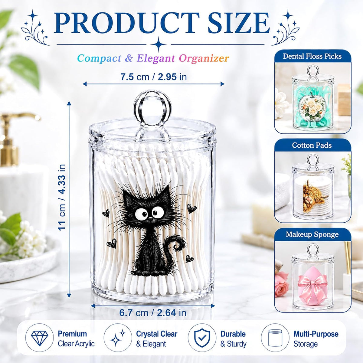 Gothic Skull Cotton Swab Holder with Lid Clear Acrylic Canister