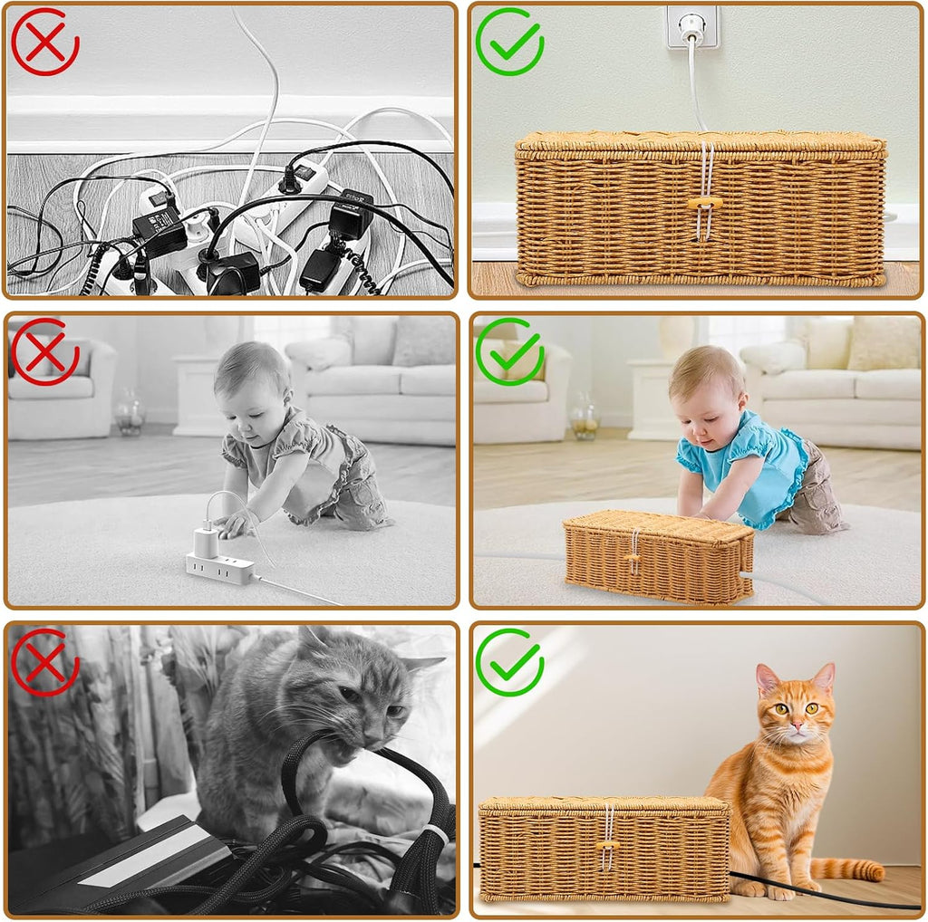 Cable Management Box, Handmade Rattan Cable Organizer Cord Basket