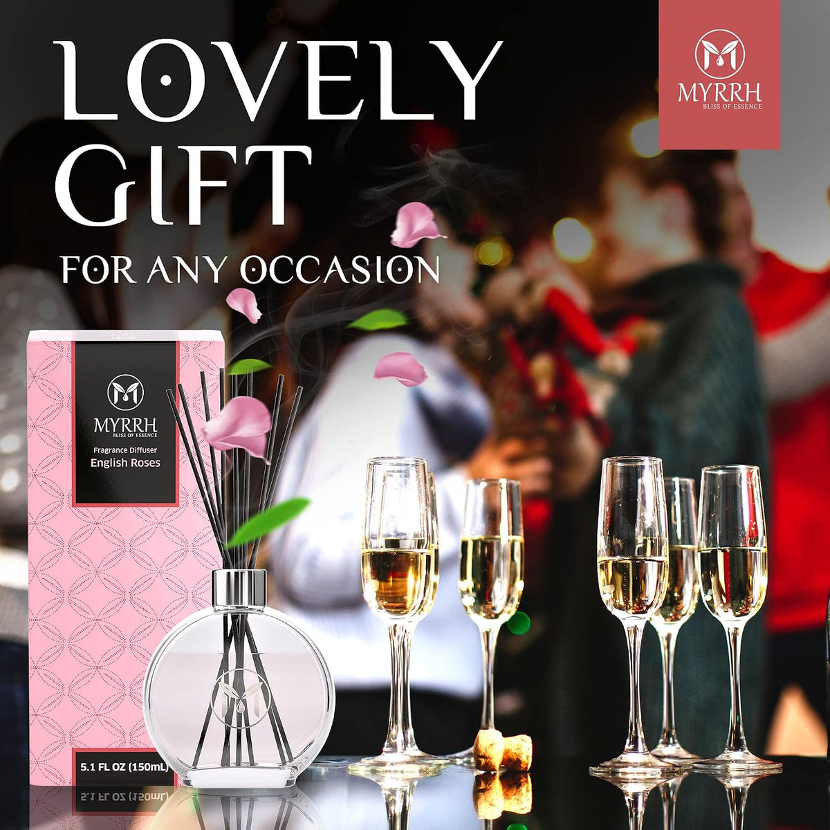 English Roses Scented Reed Diffuser Set with 8 Rattan Diffuser Sticks, 150 ml, All Natural Air Freshener, Long-Lasting Diffusers at Home - MyrrhUSA