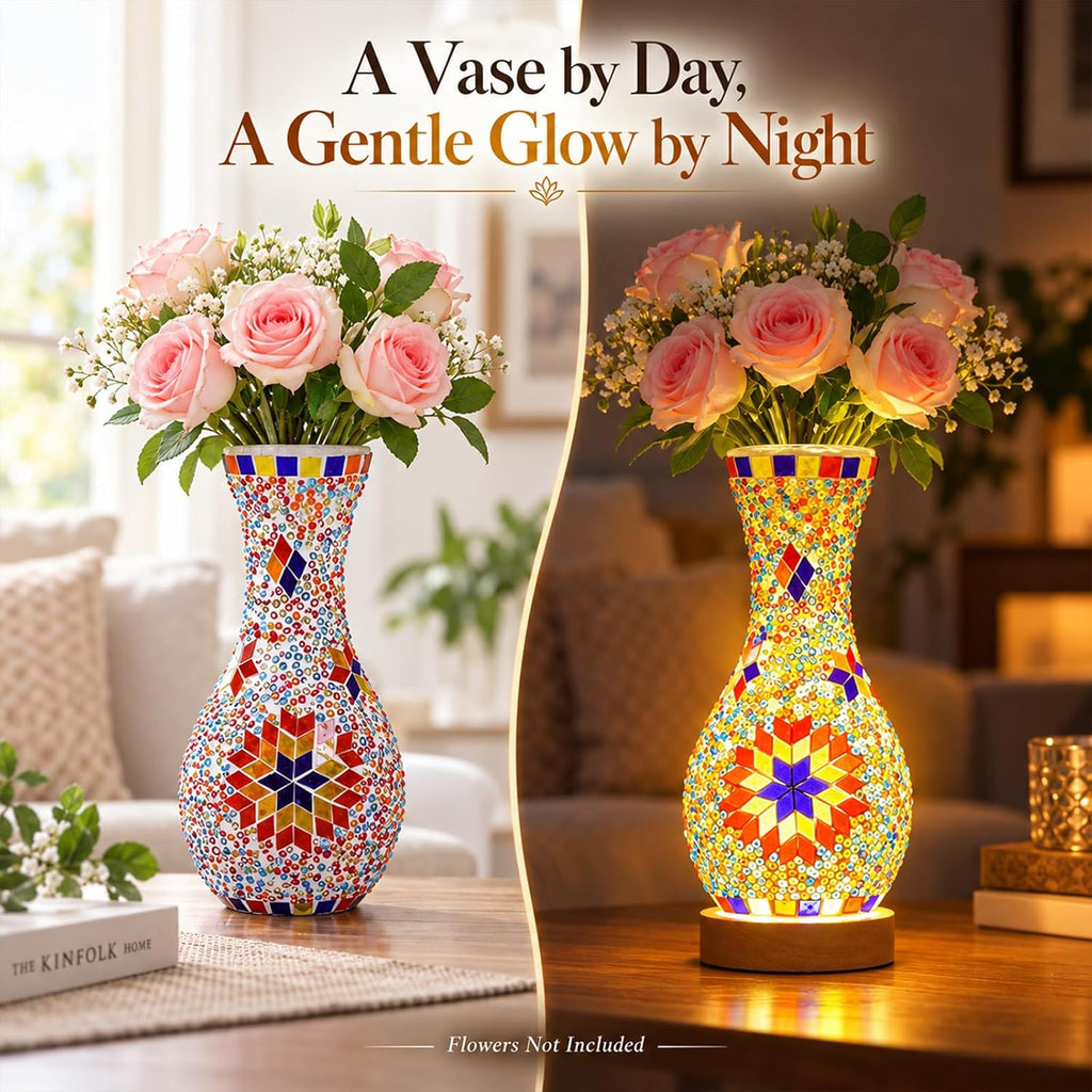 Mosaic Vase Lamp, Turkish Table Lamp with Wood Base, USB LED