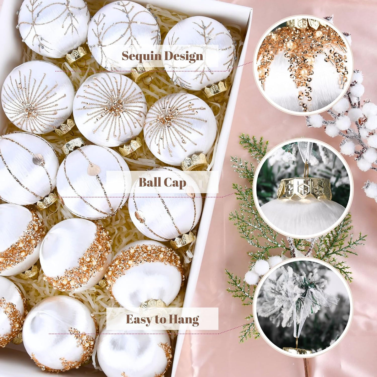 White Gold Christmas Tree Ornaments - Satin Christmas Ball Ornaments Luxury for Xmas Holiday Party Indoor Decorations - 80mm 3.15inch Pack of 15