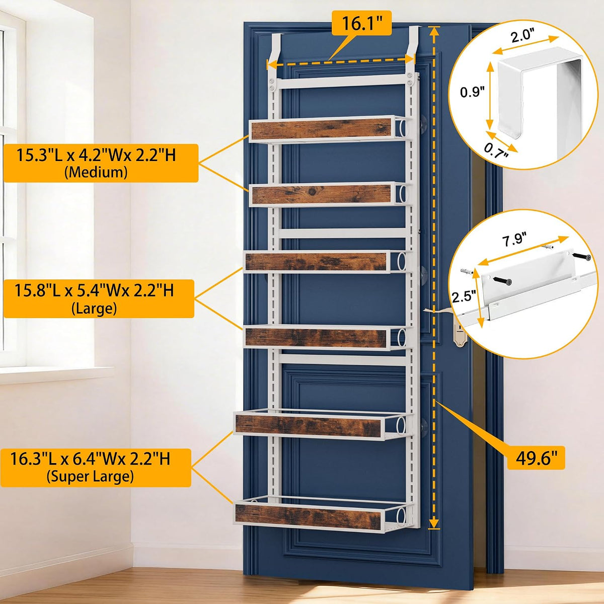 6 Tier Over The Door Pantry Orangizer 2 IN 1 Wall Mounted or Hanging Spice Rack with Adjustable Wood Basket,Heavy Duty Seasoning Storage Shelf for Kitchen Pantry and Bathroom