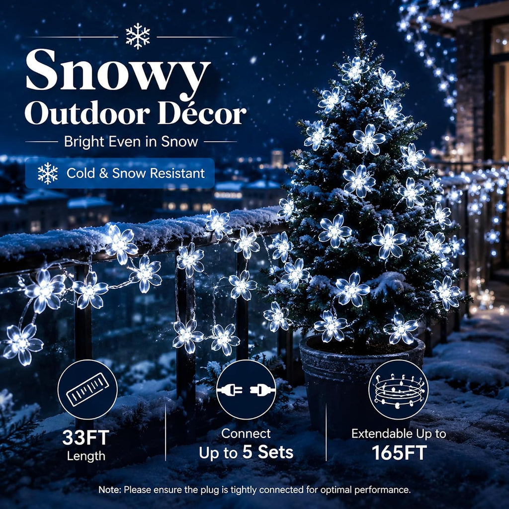 33ft 100 LED Plug in White Cherry Blossom Christmas Flower String Lights
