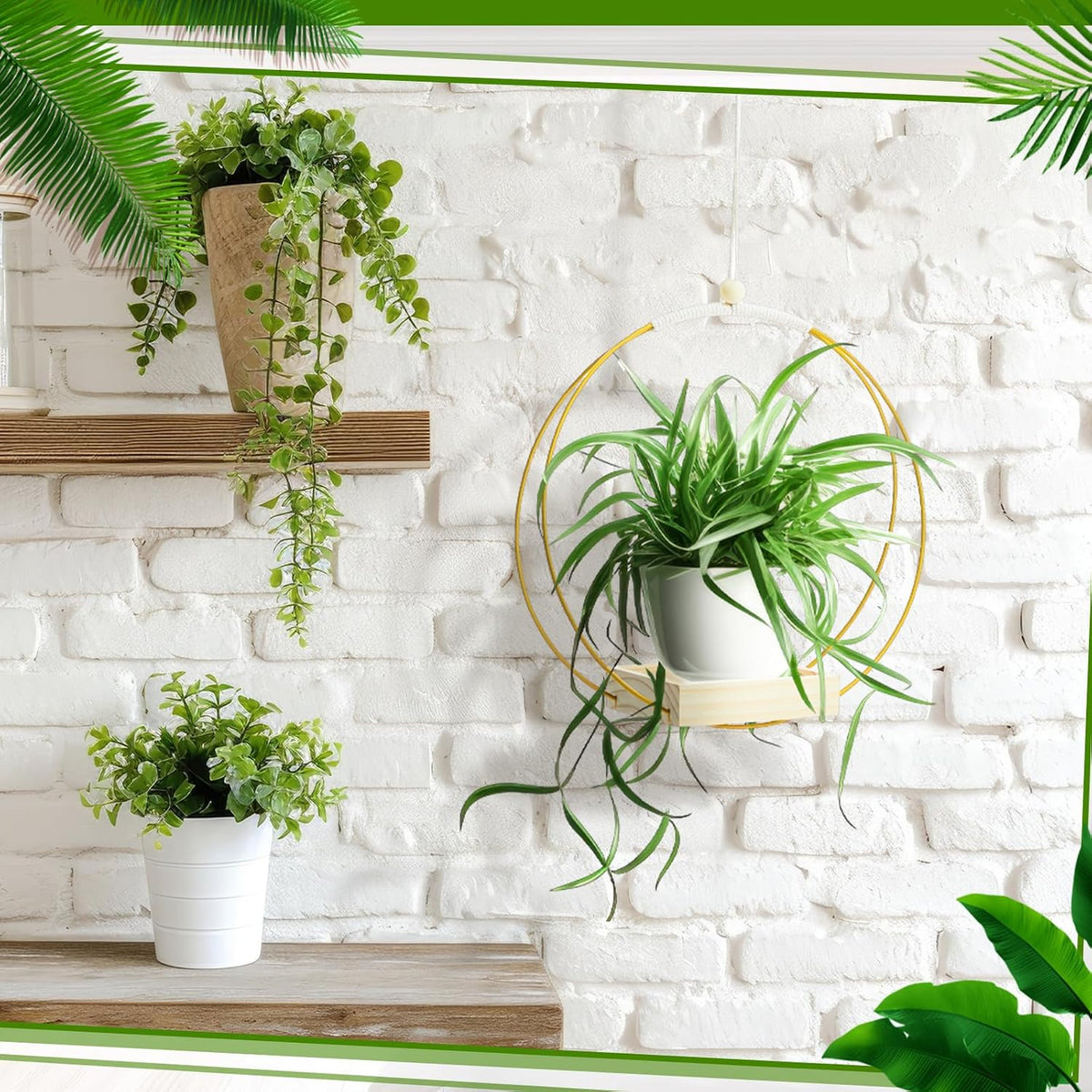 Geelin 4 Pcs Hanging Plant Holder with Wood Base Window Planter Boho, Gold