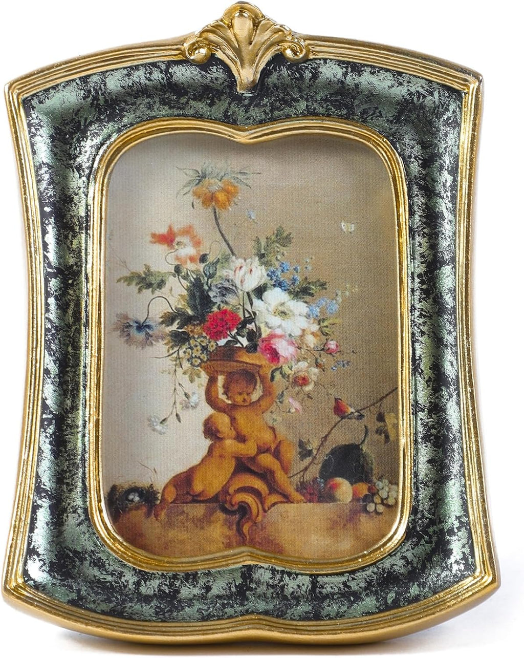Vintage Picture Frame 2.5x3.5 Antique Ornate Photo Frame Tabletop and Wall Hanging, Decorative Retro Design Home Decor, Old-Fashioned Photo Gallery Art, Moss Agate Green