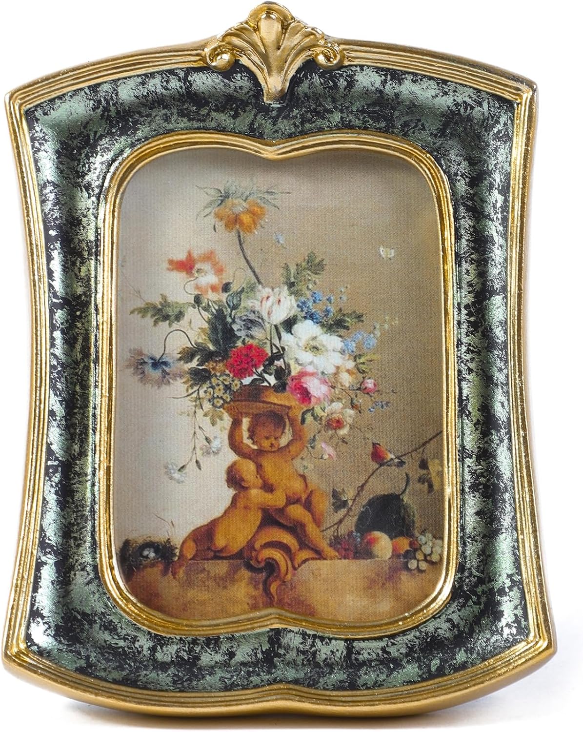 Vintage Picture Frame 2.5x3.5 Antique Ornate Photo Frame Tabletop and Wall Hanging, Decorative Retro Design Home Decor, Old-Fashioned Photo Gallery Art, Moss Agate Green