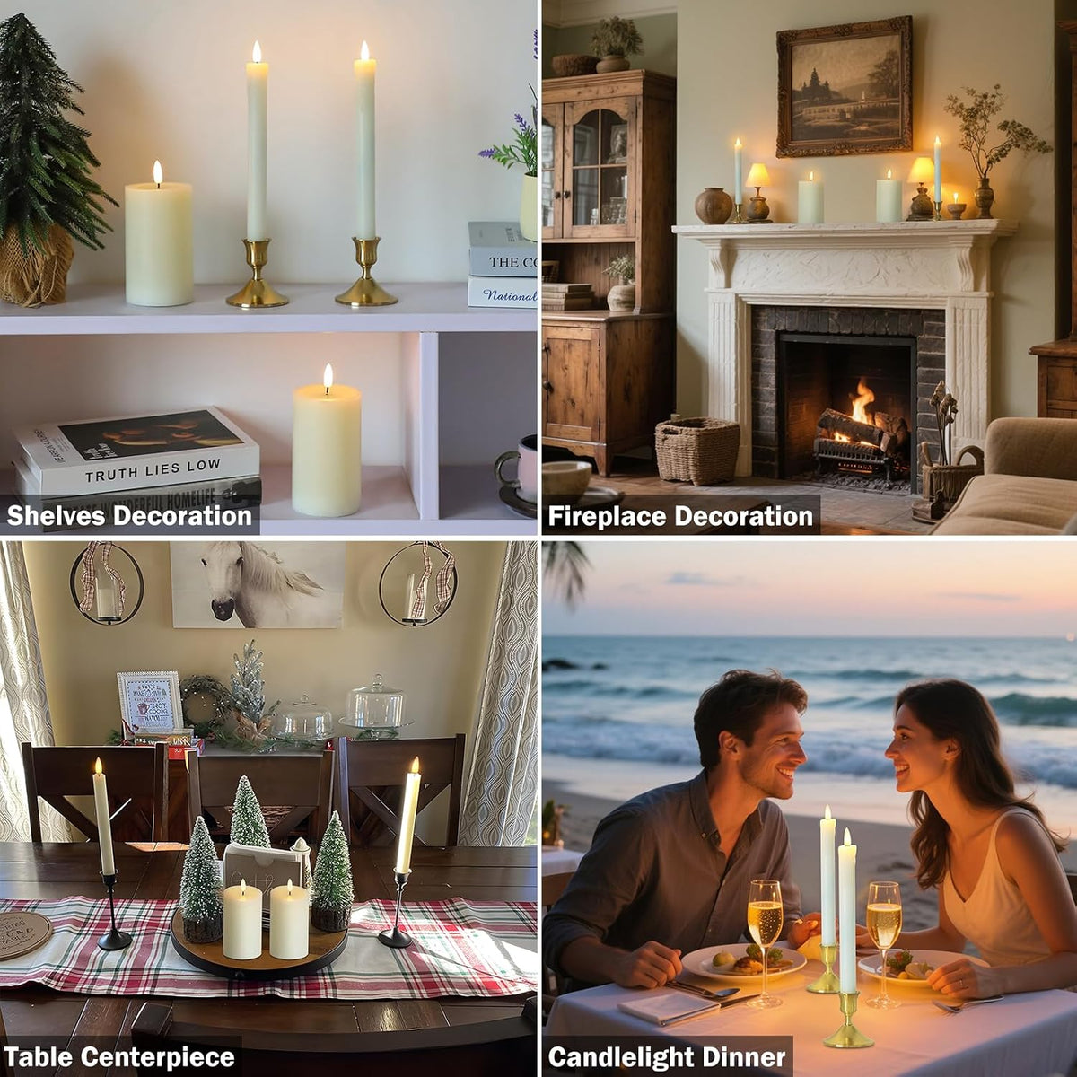 Real Wax LED Flameless Candles with Remote Timer, 4 Pcs Ivory Battery Operated Window Candle with 3D Flickering Flame for Fireplace Xmas Halloween Wedding Decor (9.5" Taper & 5" Pillar)