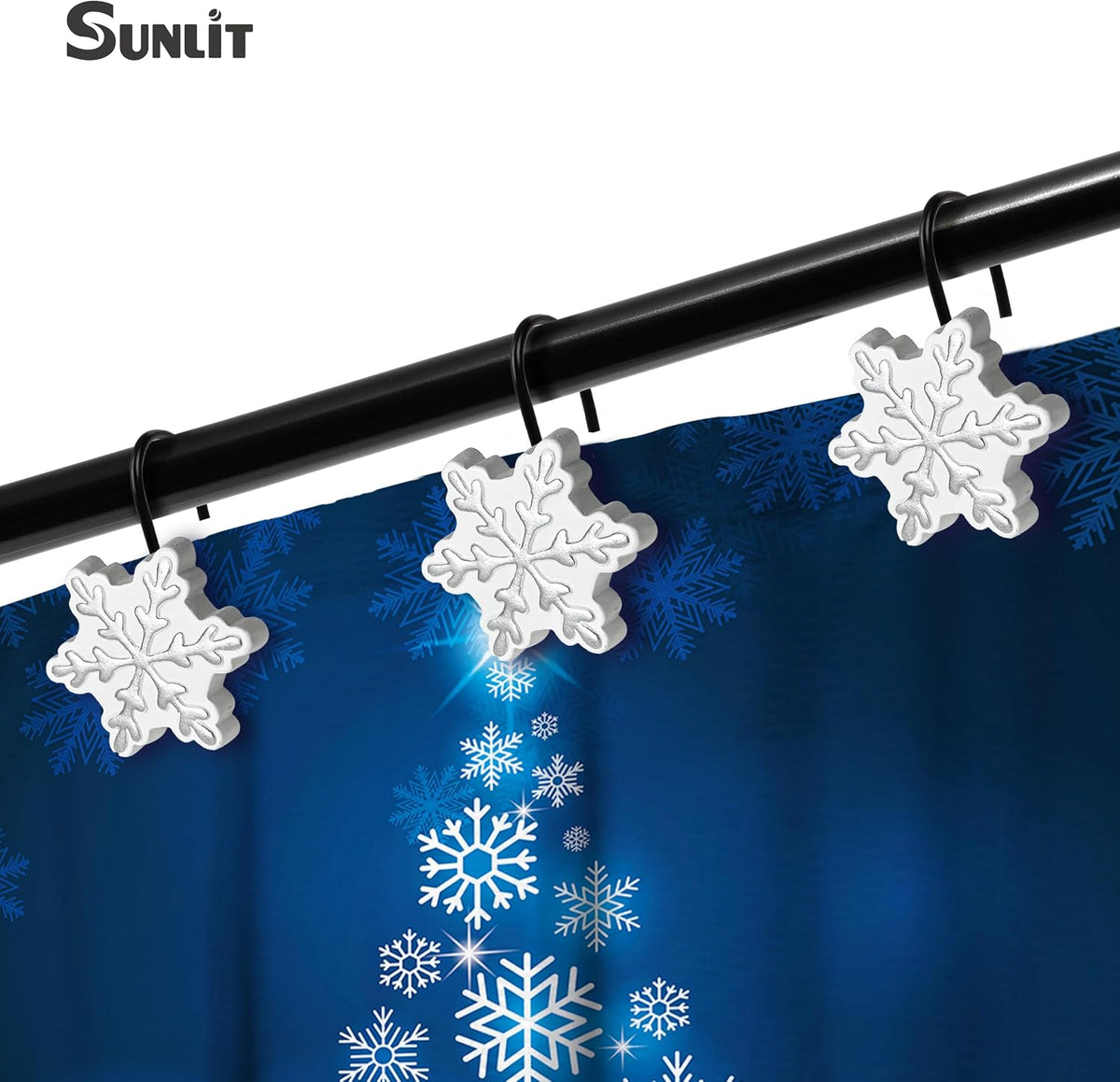 Sunlit Christmas Shower Curtain Hooks, Silver Snowflakes Shower Curtain Rings with Black Hooks, Resin, White Christmas Decor, Winter Bathroom Decoration, Set of 12