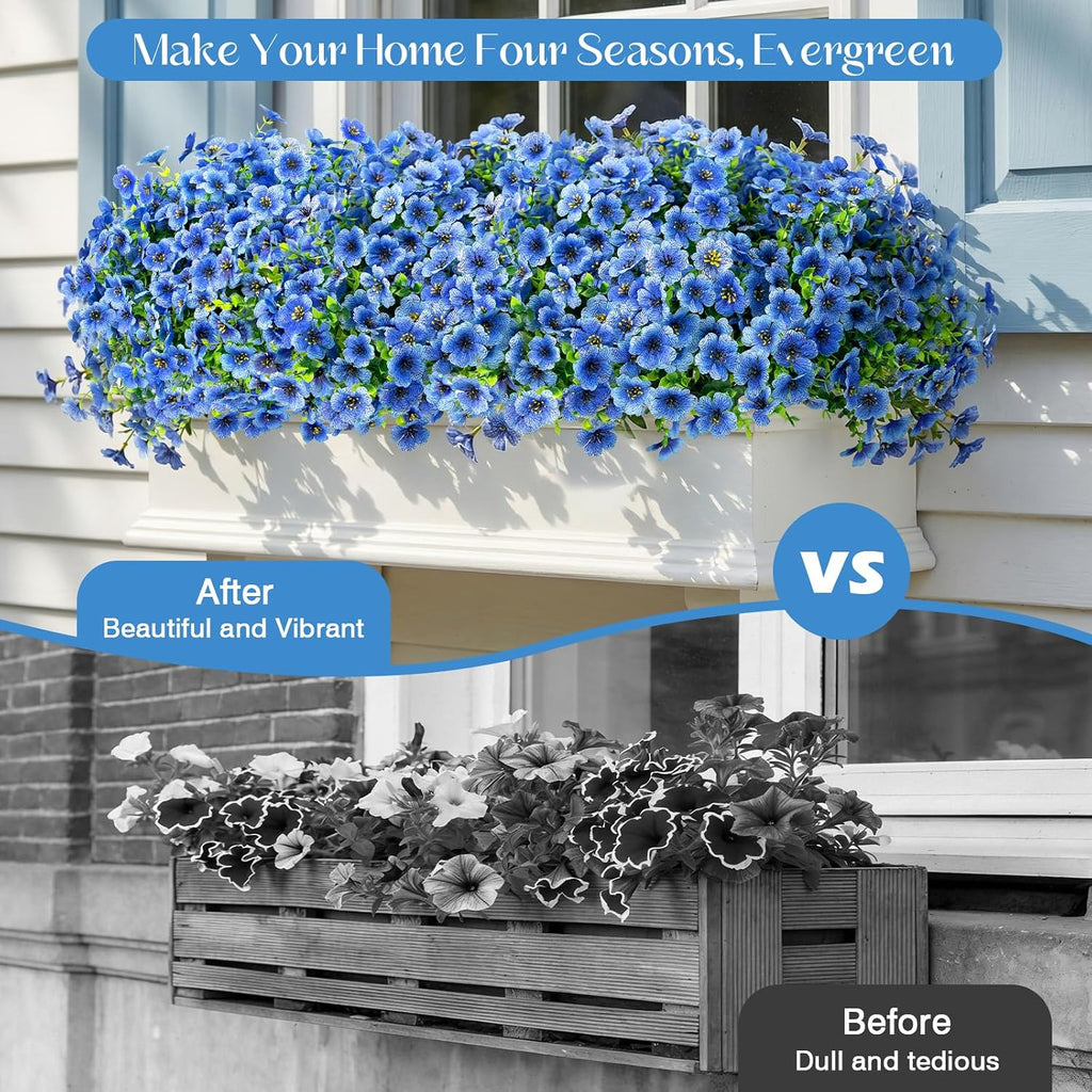 12 Bundles Artificial Flowers for Outdoors, Fake Silk Plastic Flowers for Outside, UV Resistant Faux Plants for Outside Garden Porch Window Home Planters Decoration (Blue)