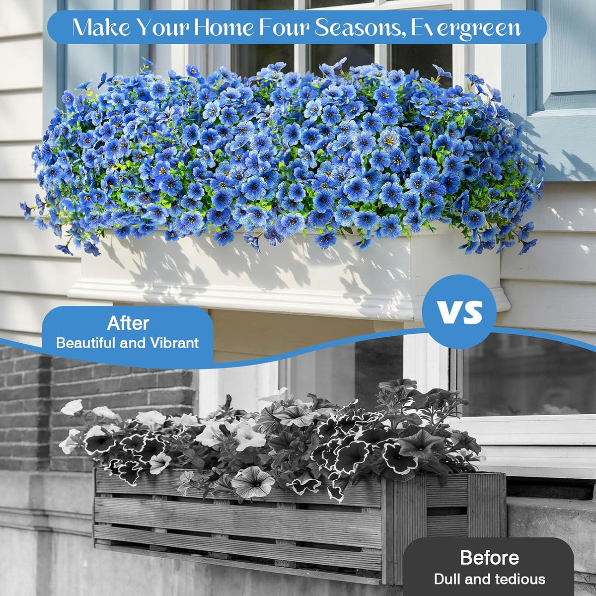 12 Bundles Artificial Flowers for Outdoors, Fake Silk Plastic Flowers for Outside, UV Resistant Faux Plants for Outside Garden Porch Window Home Planters Decoration (Blue)