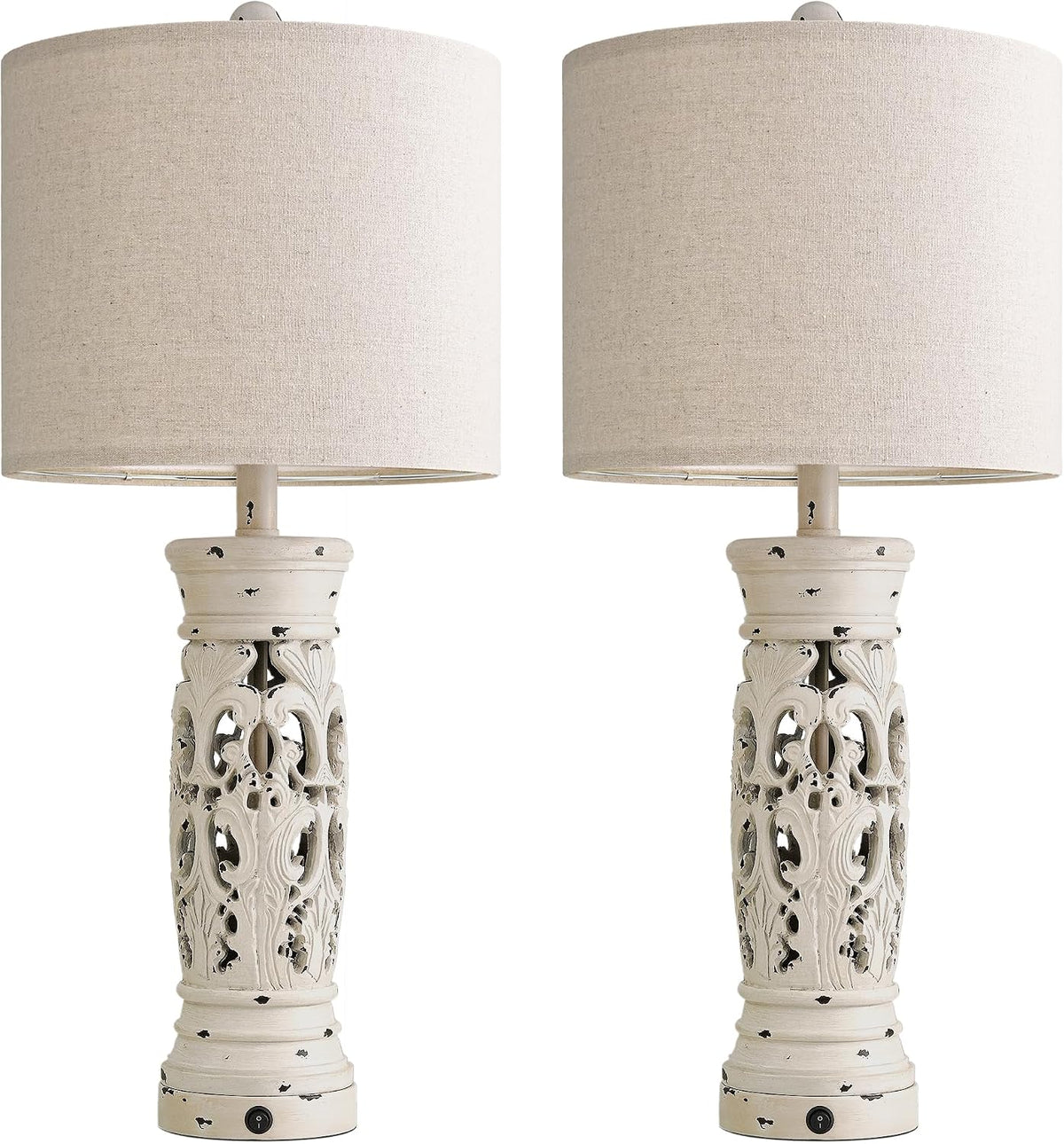 27.25" Farmhouse Lamp with Night Light, Rustic Table Lamps Set of 2, White