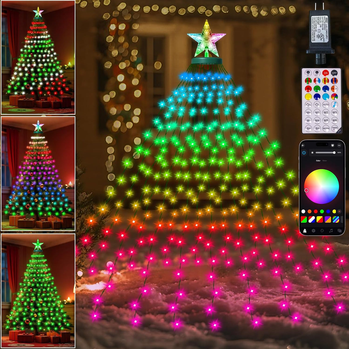 Smart Valentine's Day Lights with Star Topper, APP Control Music Sync Color Changing RGB Christmas String Lights, Cascading Twinkle Lights for Indoor Outdoor Xmas Tree Decorations