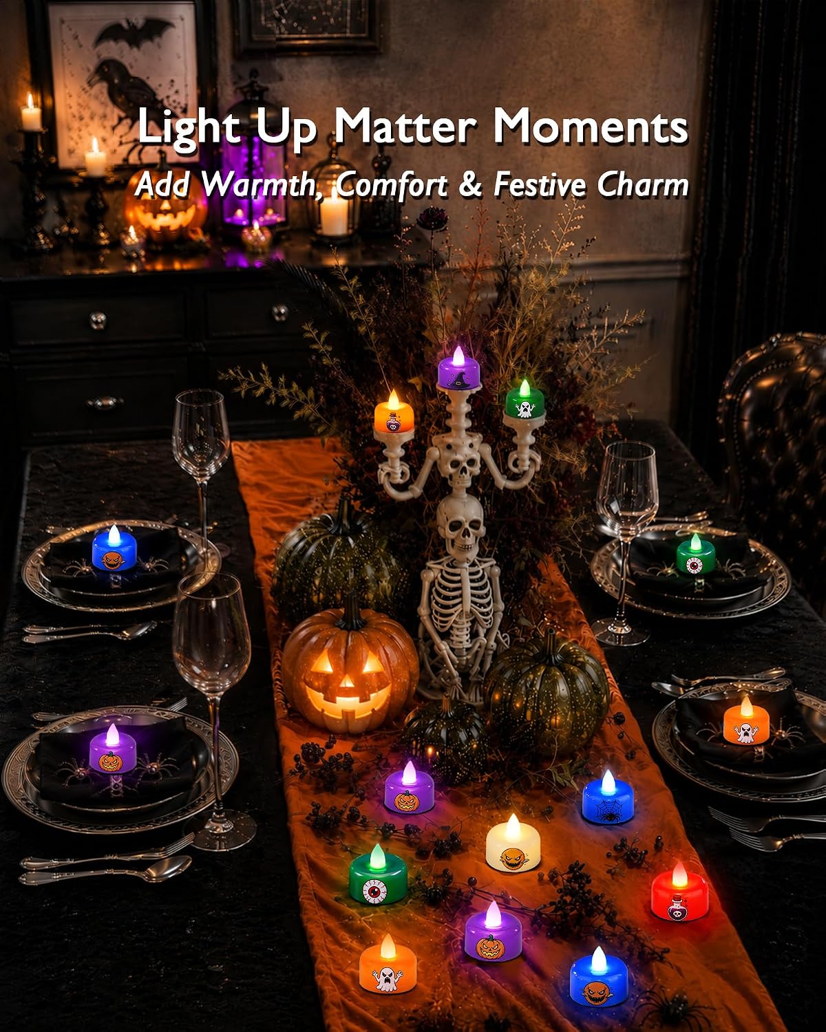 Amagic 12Pack Halloween Multicolor LED Tea Lights Candles with DIY Stickers