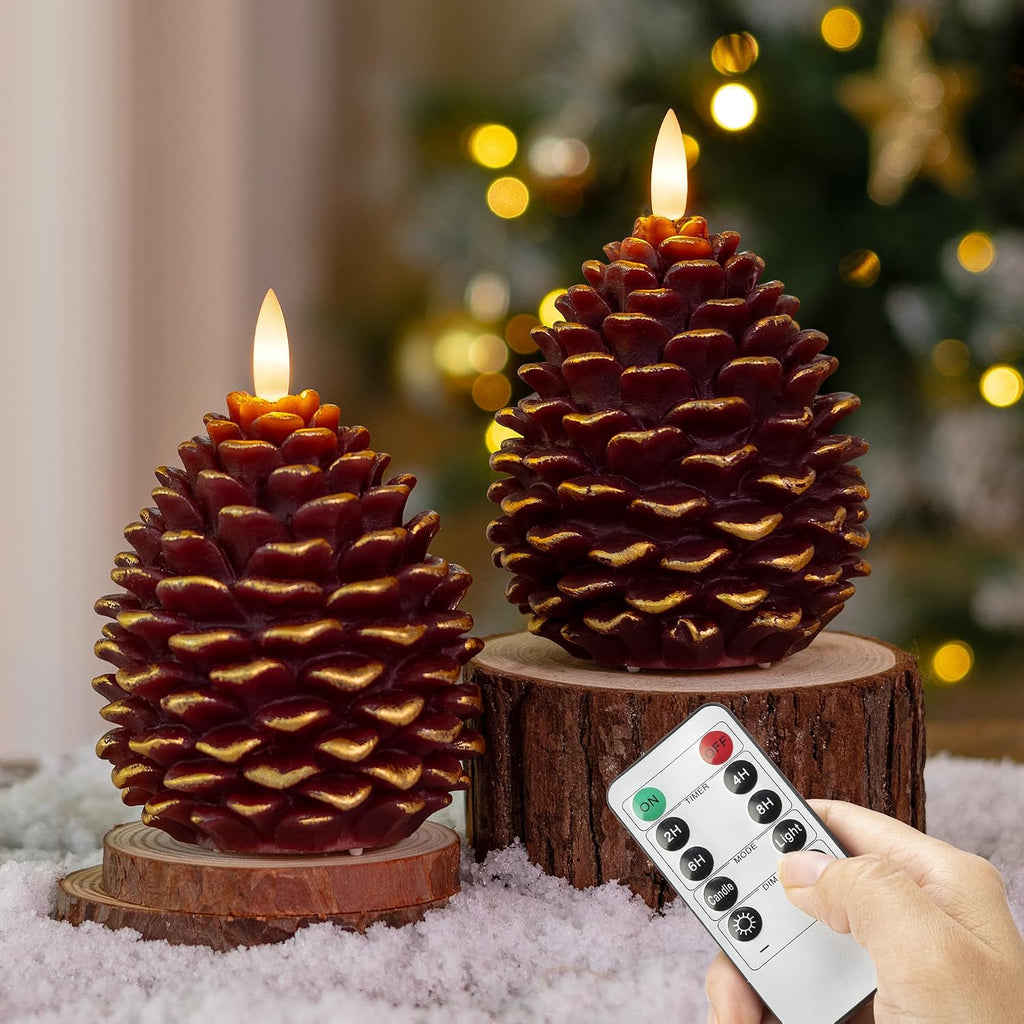 Christmas Flameless Pinecone Candles with Remote, Real Wax Pine Cone Candle