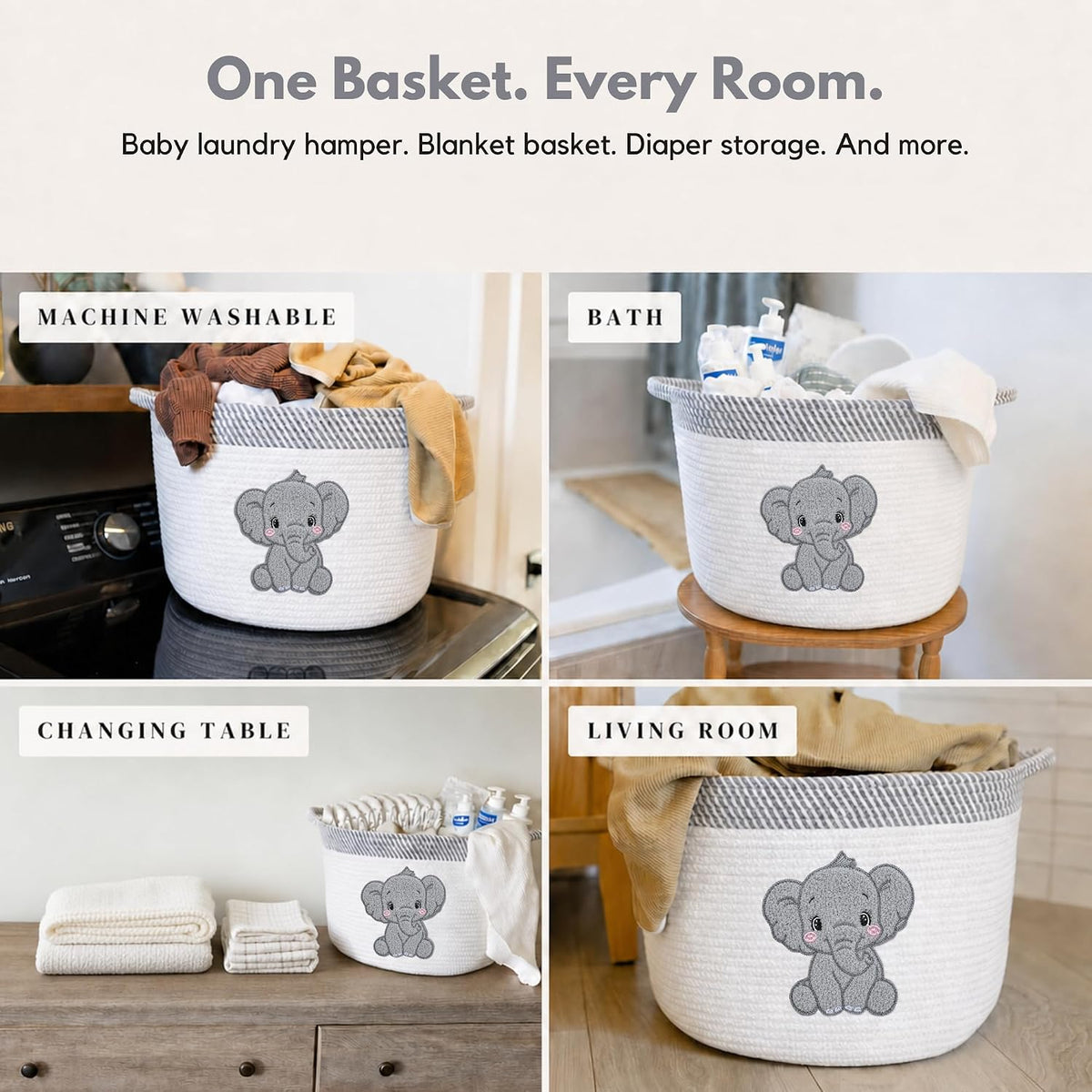 Elephant Baby Storage Basket, Woven Cotton Rope Nursery Bin, 15x11 in