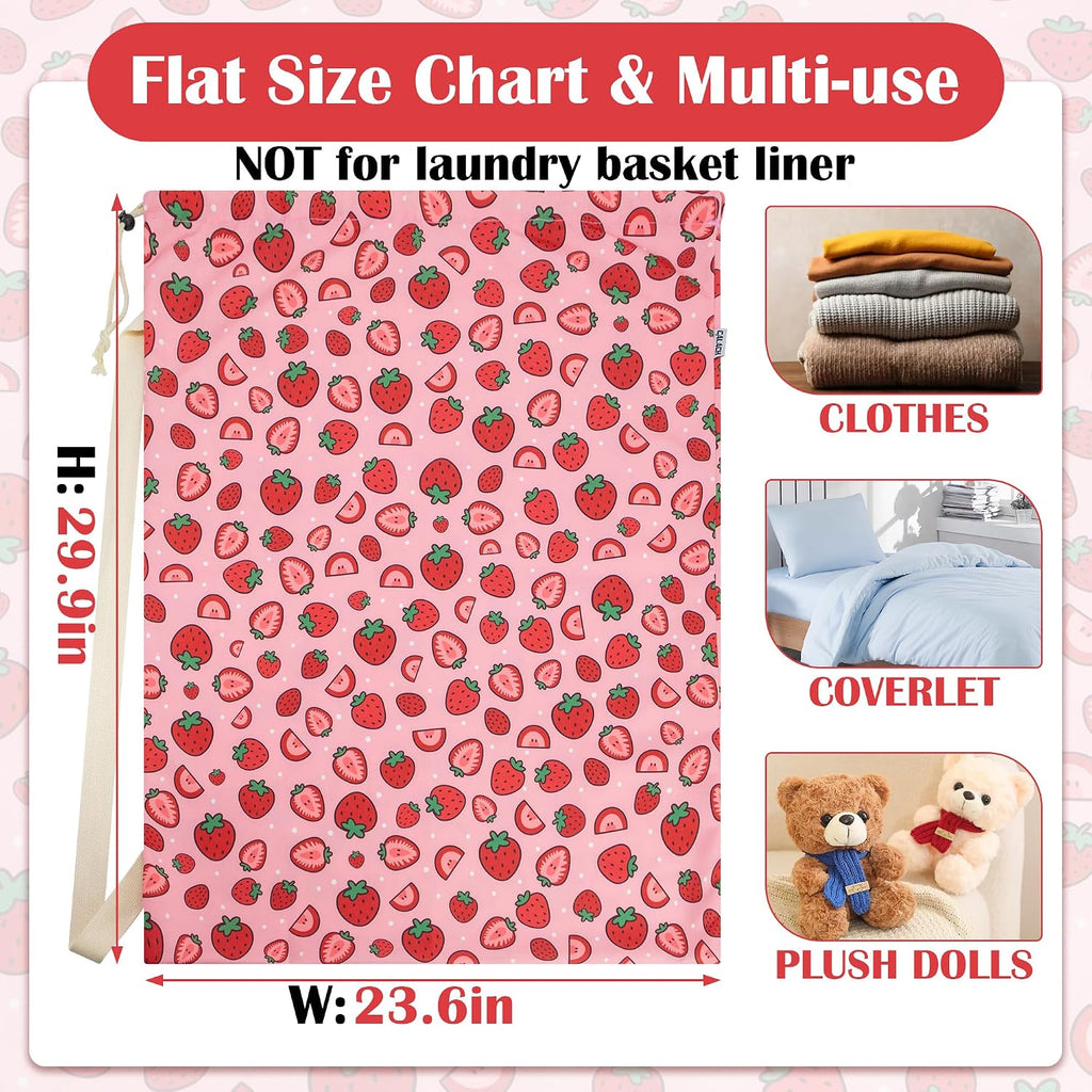 Canvas Laundry Bag with Shoulder Strap Drawstring, Strawberry, 23"W x 29"H