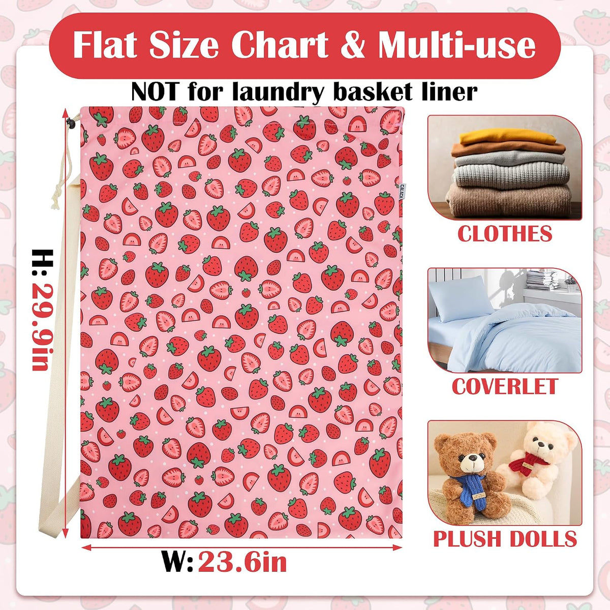 Canvas Laundry Bag with Shoulder Strap Drawstring, Strawberry, 23"W x 29"H