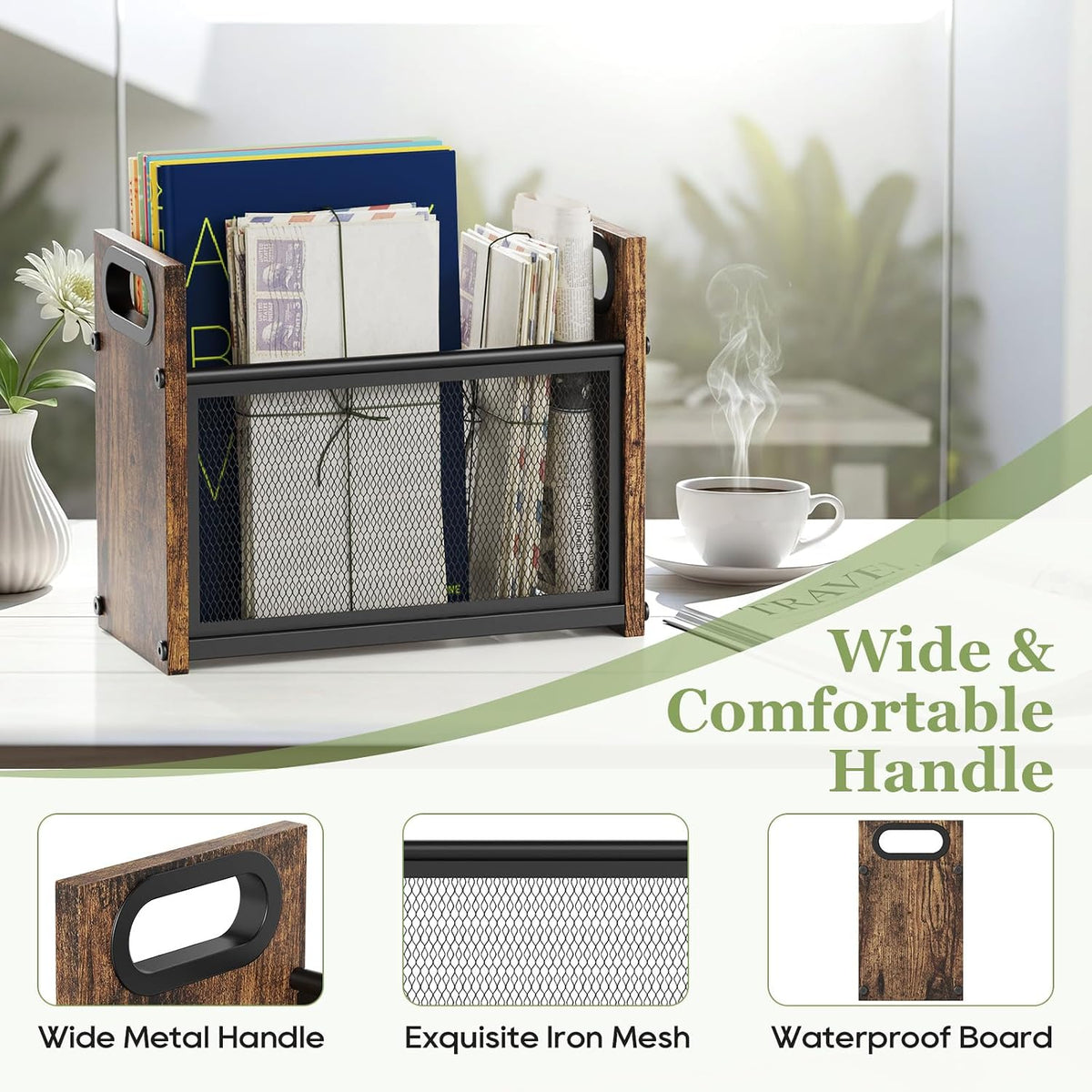 Rustic Magazine Holder, Wood Magazine Rack Floor, Magazine Storage Basket, Mesh Magazine File Holder, Magazine Holders for Shelves，Magazine Stand for Desk, Folder Organizer Bin for Magazines