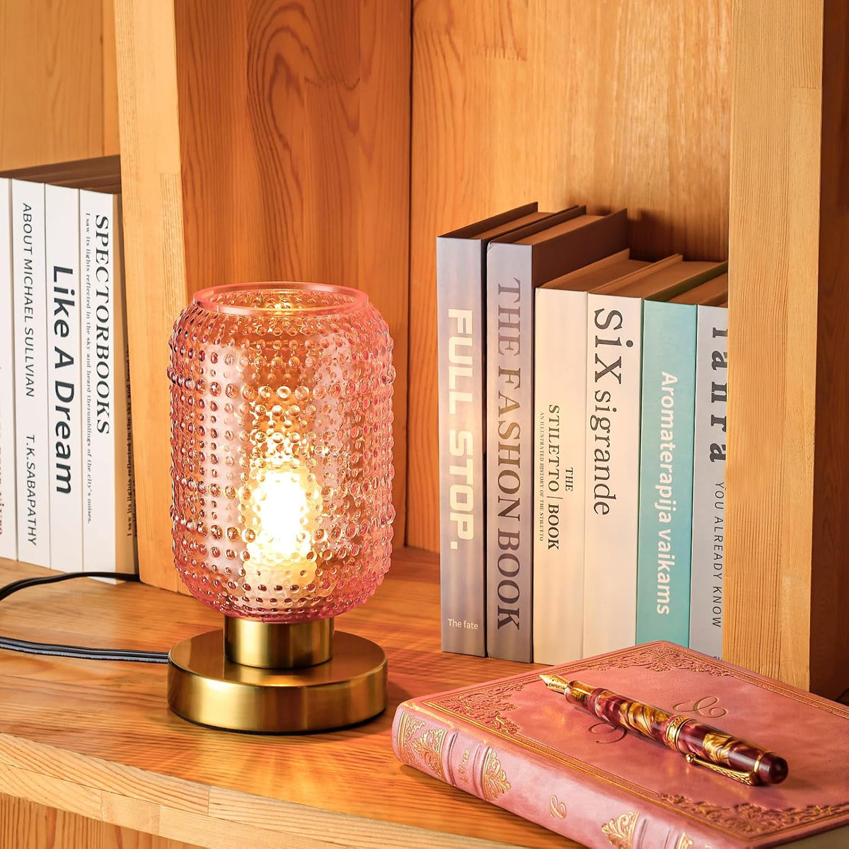 ZYER 8.9in Pink Table Lamp, Touch Control Bedside Lamp, Small Vintage Lamp