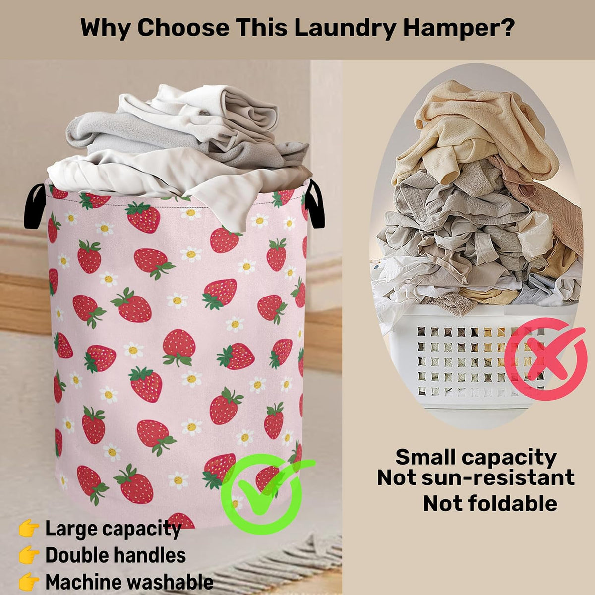 Cute Pink Strawberry Laundry Basket, Extra Large Foldable Hamper for Bathroom/Laundry/Bedroom/Dorm, Washable Fabric Storage Bin with Handle