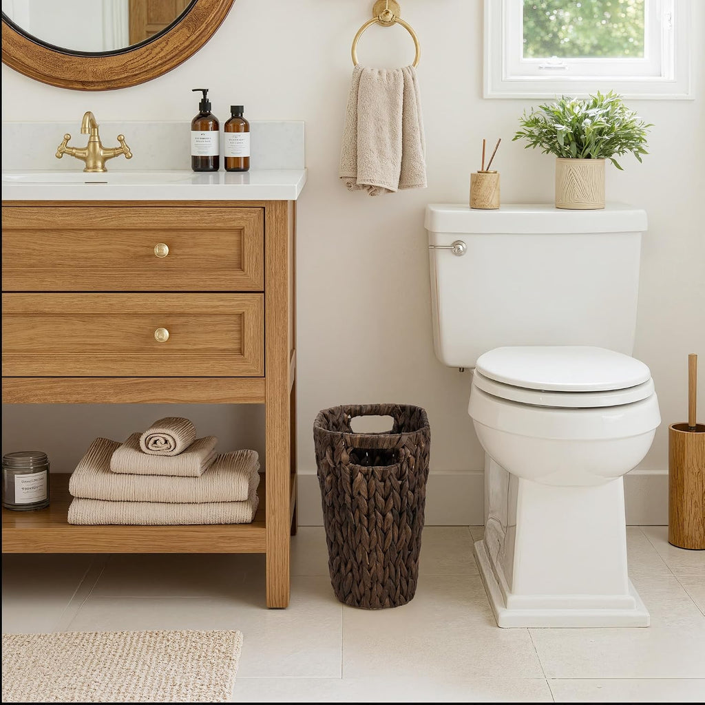 StorageWorks Wicker Trash Can, Wicker Waste Basket for Bathroom, Brown