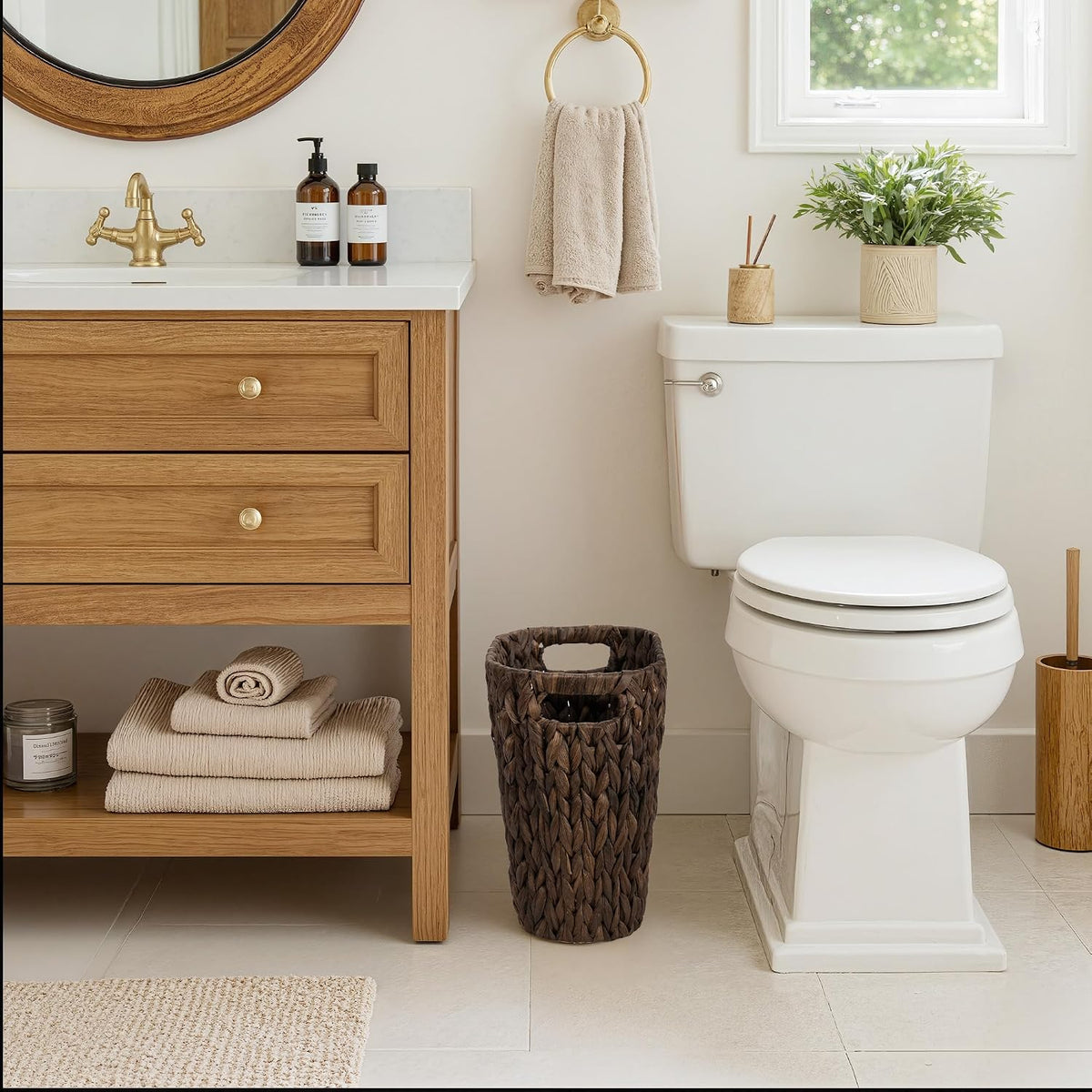 StorageWorks Wicker Trash Can, Wicker Waste Basket for Bathroom, Brown